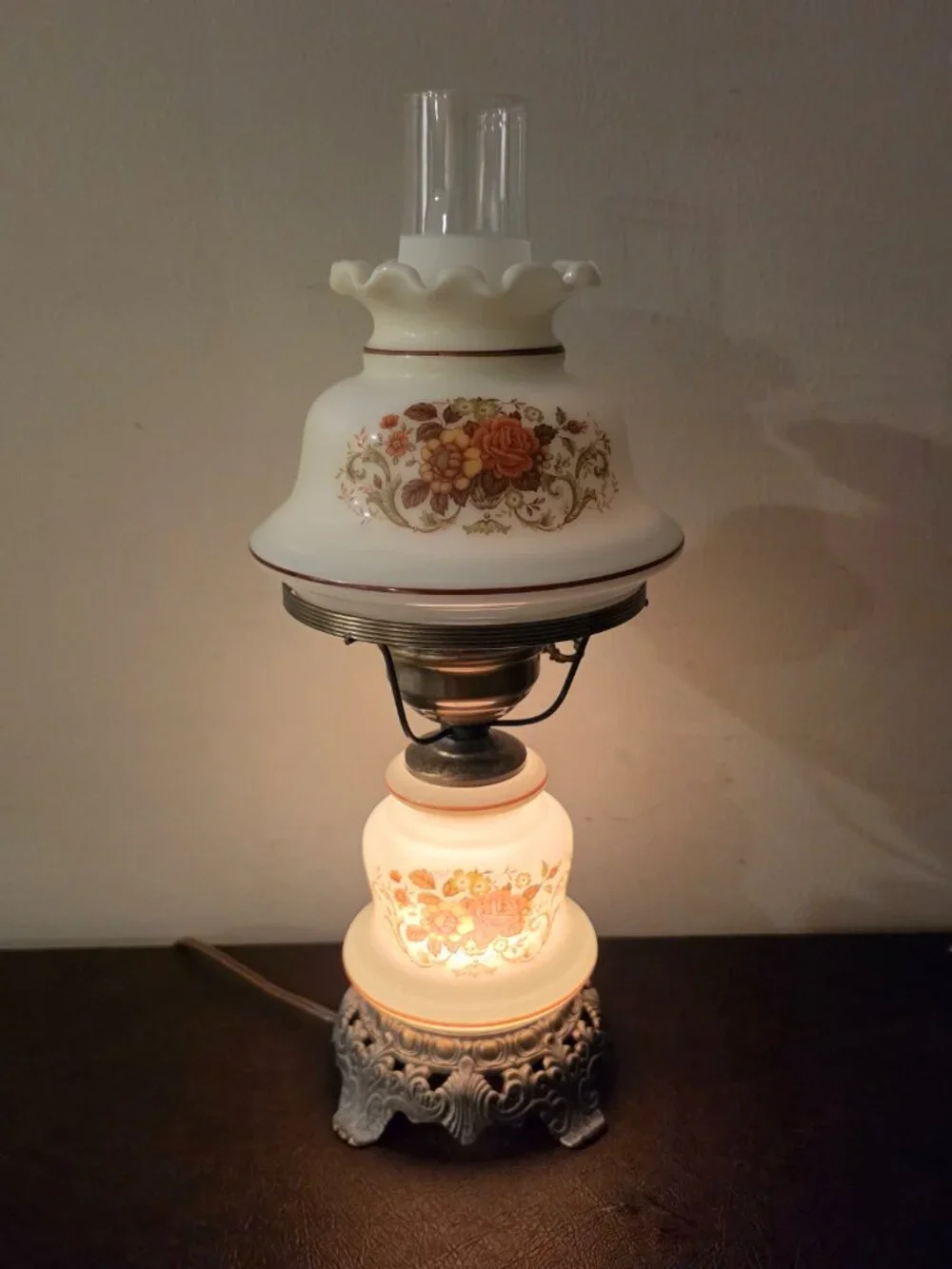 Vintage Quoizel Hurricane Table Lamp with a Floral Pattern and Metal Base